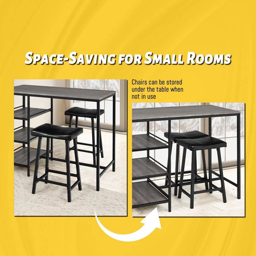 3 Pieces Counter Height Dining Bar Table Set with 2 Stools and 3 Storage Shelves-Black by SUNRINX 9 3 Pieces Counter Height Dining Bar Table Set with 2 Stools and 3 Storage Shelves-Black by SUNRINX - Image 9