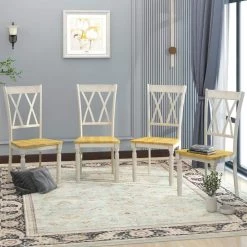 Natural Distressed White X-Back Wood Breakfast Nook Dining Chairs (Set of 4) by SUNRINX