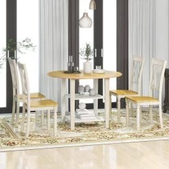 Farmhouse Wooden Round Drop Leaf DiningTable Set with 2-tier Storage Shelves and 4 Cross Back Chairs by SUNRINX -Furniture Store natural distressed white sunrinx dining room sets mg2 23we 31 1000