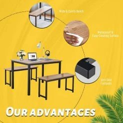 3-Pieces Natural Modern Dining Table Bench Set with MDF Tabletop and Metal Frame by SUNRINX -Furniture Store natural sunrinx dining room sets mg6 10bd 31 1000