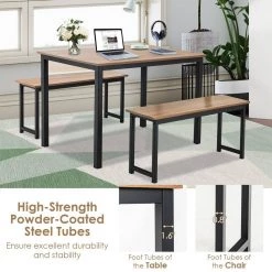 3-Pieces Natural Modern Dining Table Bench Set with MDF Tabletop and Metal Frame by SUNRINX -Furniture Store natural sunrinx dining room sets mg6 10bd 44 1000