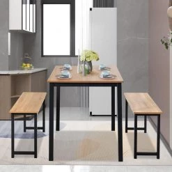 3-Pieces Natural Modern Dining Table Bench Set with MDF Tabletop and Metal Frame by SUNRINX -Furniture Store natural sunrinx dining room sets mg6 10bd 4f 1000