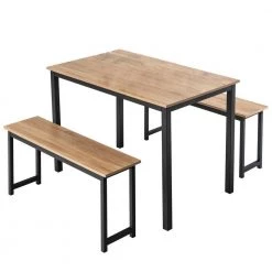 3-Pieces Natural Modern Dining Table Bench Set with MDF Tabletop and Metal Frame by SUNRINX