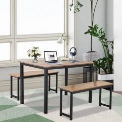 3-Pieces Natural Modern Dining Table Bench Set with MDF Tabletop and Metal Frame by SUNRINX -Furniture Store natural sunrinx dining room sets mg6 10bd c3 1000