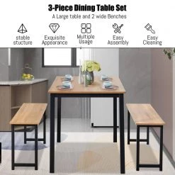 3-Pieces Natural Modern Dining Table Bench Set with MDF Tabletop and Metal Frame by SUNRINX -Furniture Store natural sunrinx dining room sets mg6 10bd fa 1000