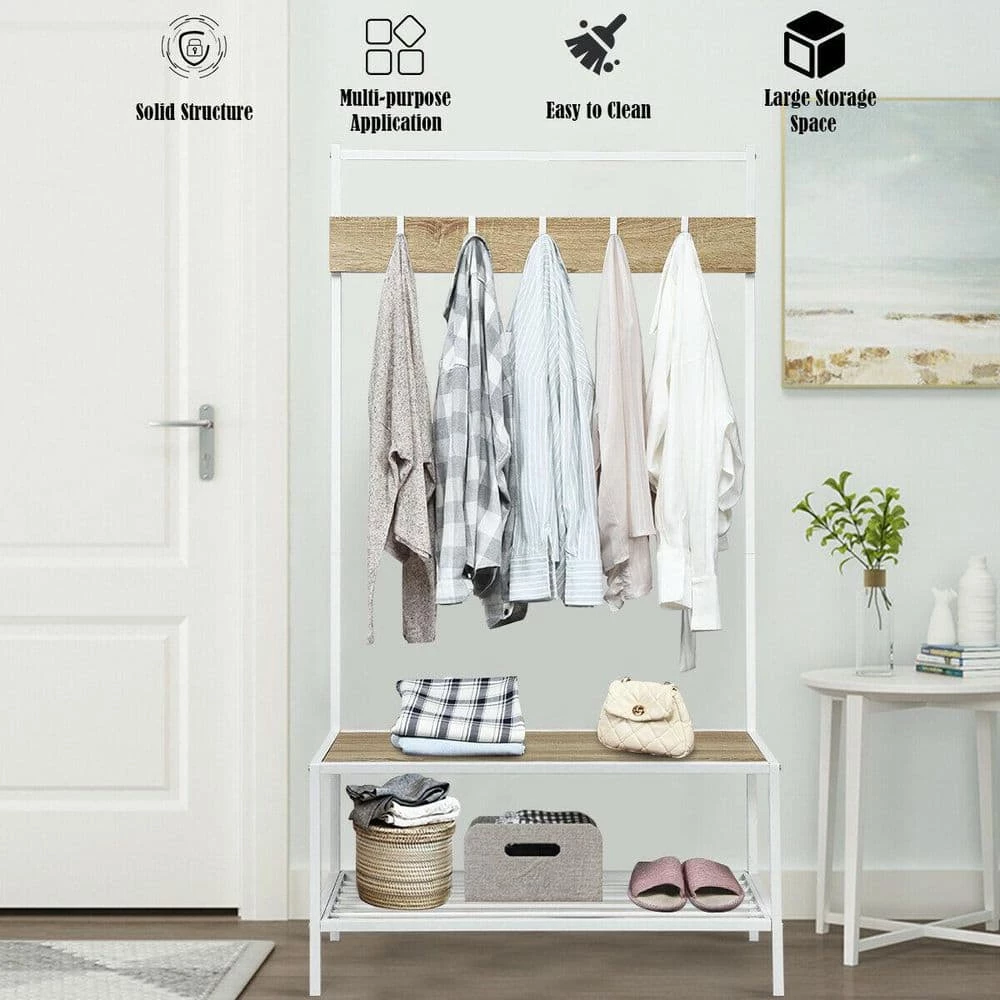 3 in 1 Industrial Coat Rack with 2-tier Storage Bench and 5 Hooks-Natural by SUNRINX 4 3 in 1 Industrial Coat Rack with 2-tier Storage Bench and 5 Hooks-Natural by SUNRINX - Image 4