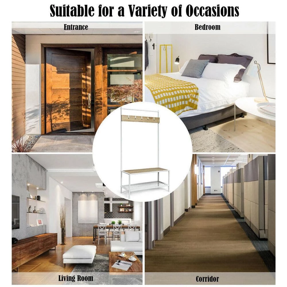 3 in 1 Industrial Coat Rack with 2-tier Storage Bench and 5 Hooks-Natural by SUNRINX 2 3 in 1 Industrial Coat Rack with 2-tier Storage Bench and 5 Hooks-Natural by SUNRINX - Image 2