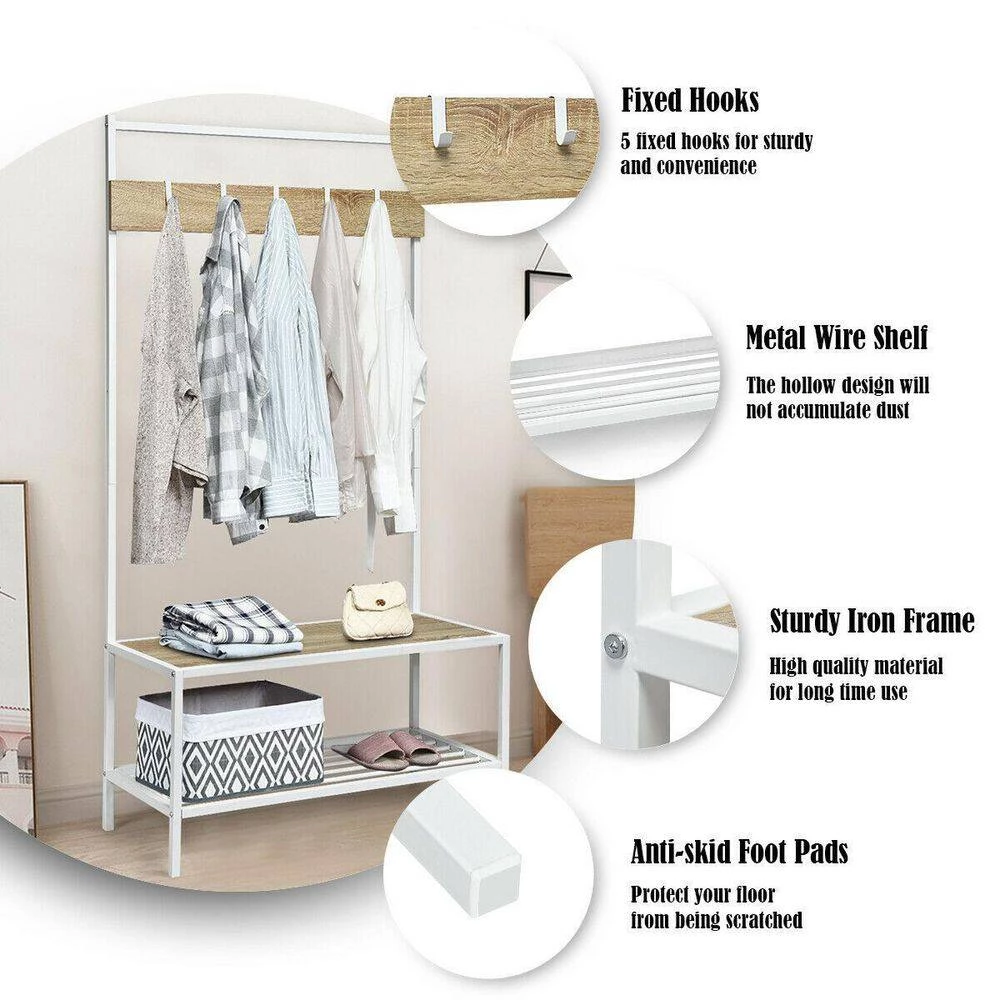 3 in 1 Industrial Coat Rack with 2-tier Storage Bench and 5 Hooks-Natural by SUNRINX 9 3 in 1 Industrial Coat Rack with 2-tier Storage Bench and 5 Hooks-Natural by SUNRINX - Image 9