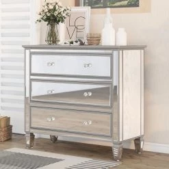 Silver Elegant Modern 3-Drawers Mirrored Chest 40.2 in. L x 18.1 in. W x 35.2 in. H by SUNRINX -Furniture Store silver sunrinx chest of drawers mg6 51bd 40 1000