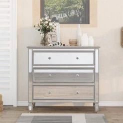 Silver Elegant Modern 3-Drawers Mirrored Chest 40.2 in. L x 18.1 in. W x 35.2 in. H by SUNRINX -Furniture Store silver sunrinx chest of drawers mg6 51bd 4f 1000