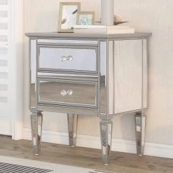 Silver Elegant 2-Drawer Mirrored Nightstand 24 in. L x 18.1 in. W x 28.3 in. H by SUNRINX -Furniture Store silver sunrinx nightstands mg6 50bd 1f 1000