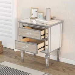 Silver Elegant 2-Drawer Mirrored Nightstand 24 in. L x 18.1 in. W x 28.3 in. H by SUNRINX -Furniture Store silver sunrinx nightstands mg6 50bd 31 1000