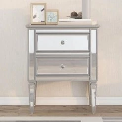 Silver Elegant 2-Drawer Mirrored Nightstand 24 in. L x 18.1 in. W x 28.3 in. H by SUNRINX -Furniture Store silver sunrinx nightstands mg6 50bd 4f 1000