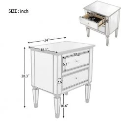 Silver Elegant 2-Drawer Mirrored Nightstand 24 in. L x 18.1 in. W x 28.3 in. H by SUNRINX -Furniture Store silver sunrinx nightstands mg6 50bd 76 1000
