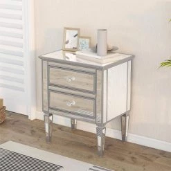 Silver Elegant 2-Drawer Mirrored Nightstand 24 in. L x 18.1 in. W x 28.3 in. H by SUNRINX -Furniture Store silver sunrinx nightstands mg6 50bd c3 1000