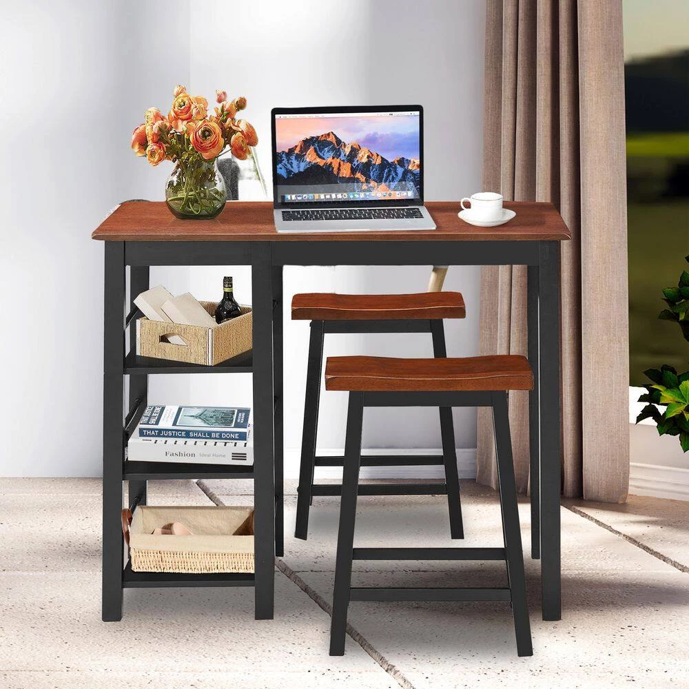 3-Pieces Counter Height Dining Table Set with 2 Saddle Stools and Storage Shelves Seats 2 by SUNRINX 9 3-Pieces Counter Height Dining Table Set with 2 Saddle Stools and Storage Shelves Seats 2 by SUNRINX - Image 9