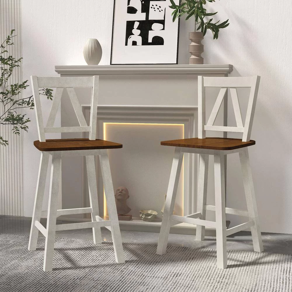 Walnut and Distressed White Farmhouse 2-Piece Counter Height Dining Chair (Set of 2) by SUNRINX 9 Walnut and Distressed White Farmhouse 2-Piece Counter Height Dining Chair (Set of 2) by SUNRINX - Image 9