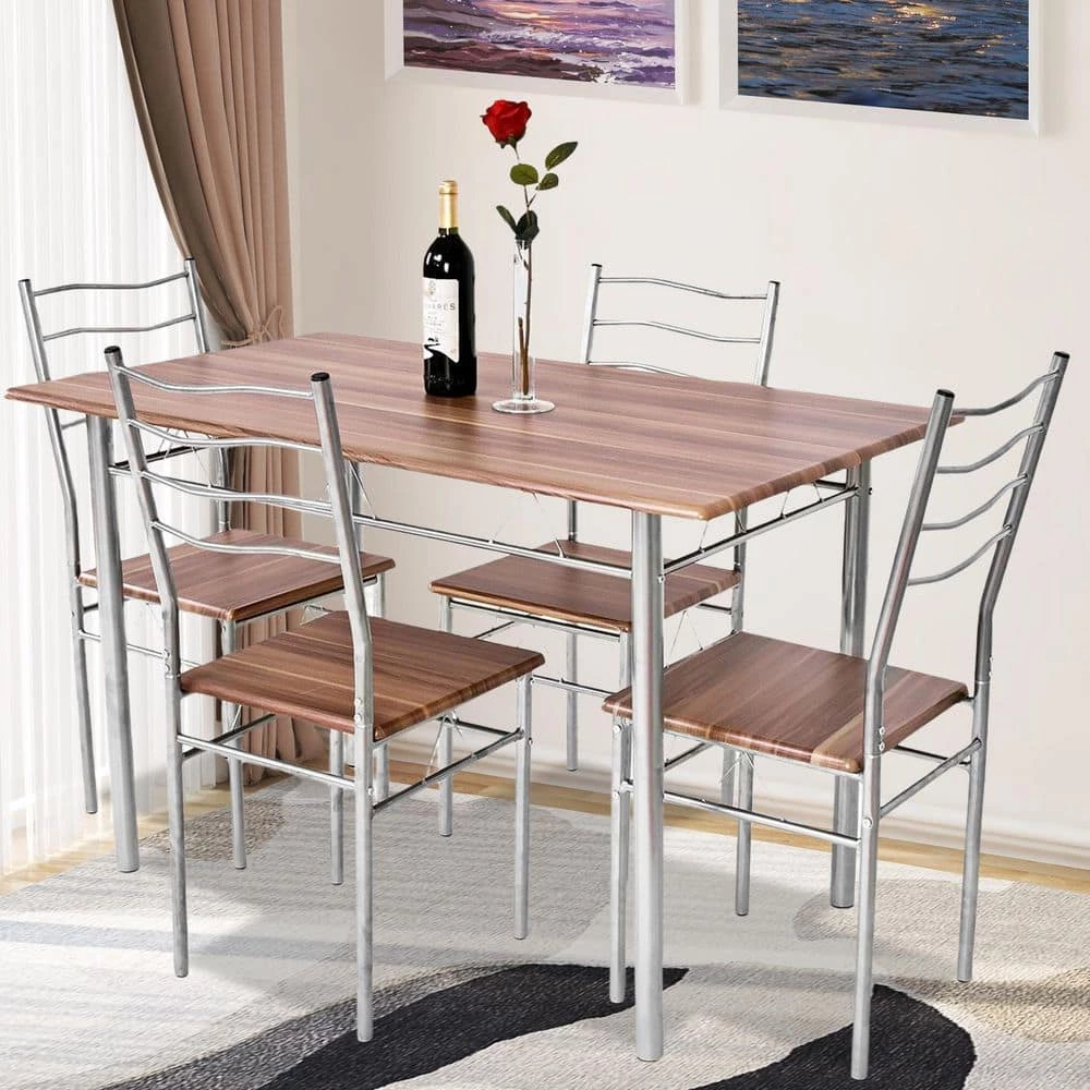 5-pieces Wood Metal Dining Table Set with 4-Chairs-Walnut by SUNRINX 6 5-pieces Wood Metal Dining Table Set with 4-Chairs-Walnut by SUNRINX - Image 6