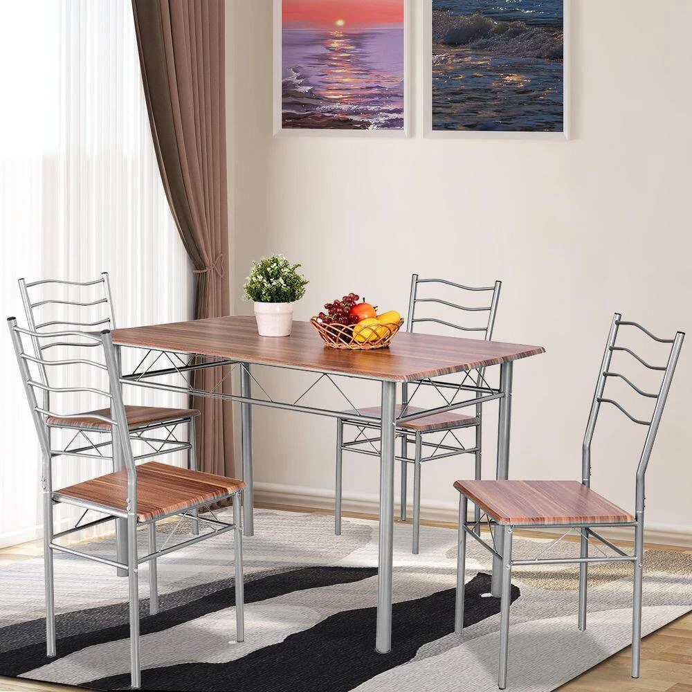 5-pieces Wood Metal Dining Table Set with 4-Chairs-Walnut by SUNRINX 10 5-pieces Wood Metal Dining Table Set with 4-Chairs-Walnut by SUNRINX - Image 10