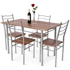 5-pieces Wood Metal Dining Table Set with 4-Chairs-Walnut by SUNRINX