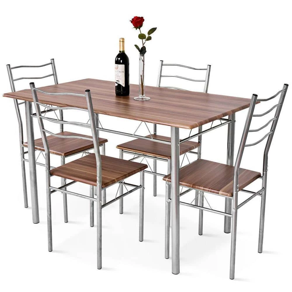 5-pieces Wood Metal Dining Table Set with 4-Chairs-Walnut by SUNRINX 1 5-pieces Wood Metal Dining Table Set with 4-Chairs-Walnut by SUNRINX