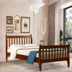 Light Brown Walnut Bed Frame Twin Platform Bed with Solid Wood Slat Support by SUNRINX -Furniture Store walnut sunrinx platform beds mg4 4we 4f 1000