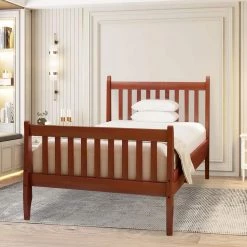 Light Brown Walnut Bed Frame Twin Platform Bed with Solid Wood Slat Support by SUNRINX