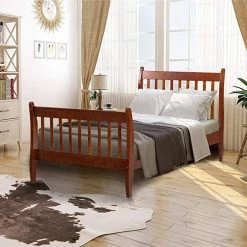 Light Brown Walnut Bed Frame Twin Platform Bed with Solid Wood Slat Support by SUNRINX -Furniture Store walnut sunrinx platform beds mg4 4we c3 1000