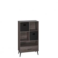 Woodbury Weathered Wood Storage Cabinet with Cubbies, Drawer and 2-Piece Black Bins by RiverRidge Home