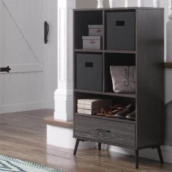 Woodbury Weathered Wood Storage Cabinet with Cubbies, Drawer and 2-Piece Black Bins by RiverRidge Home -Furniture Store weathered wood black bins riverridge home accent cabinets 16 025k c3 1000