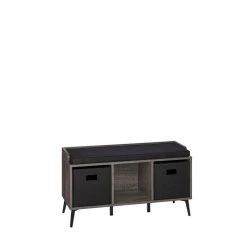Woodbury Weathered Wood Storage Bench with Cubbies and 2-Piece Black Bin by RiverRidge Home