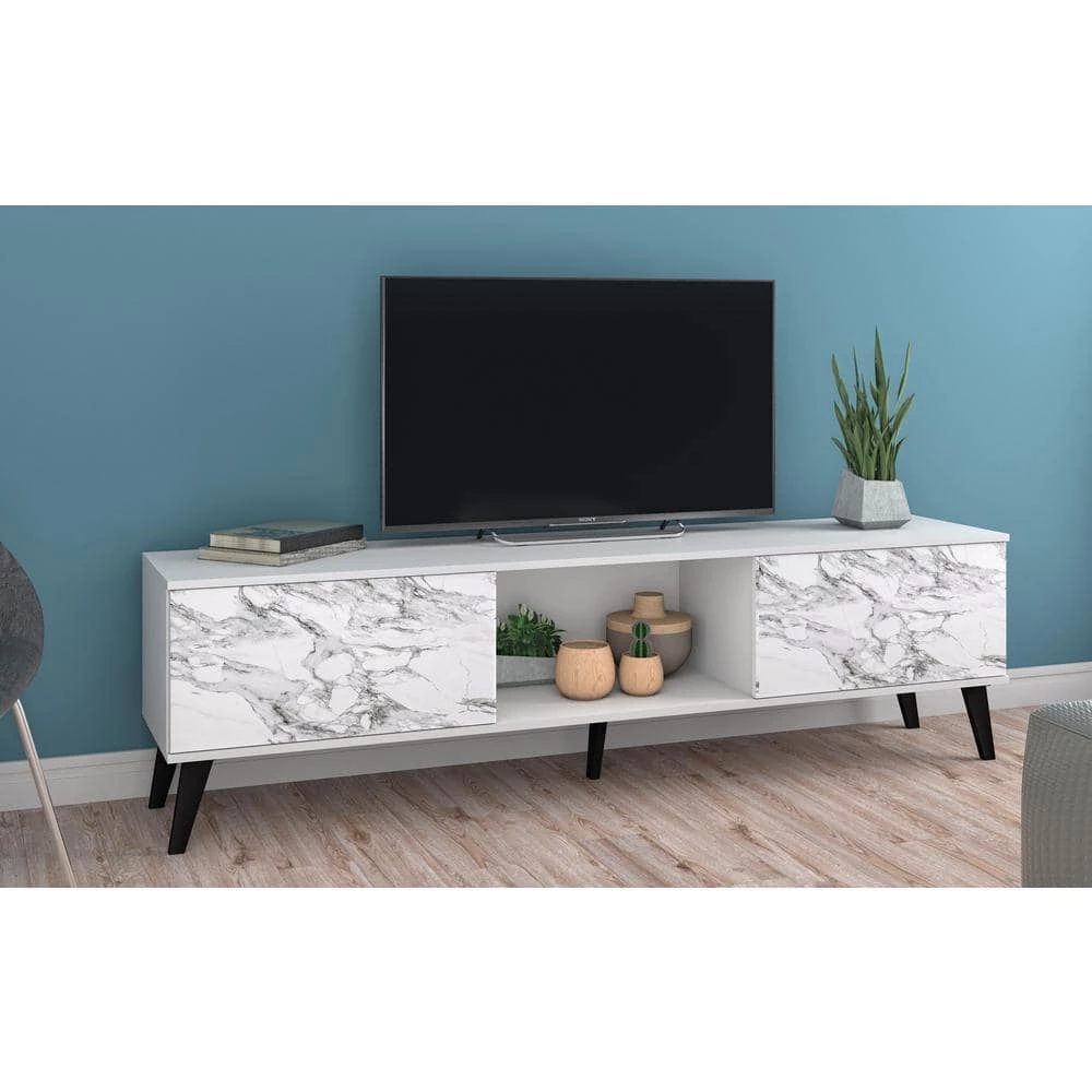 Saratoga 71 in. White and Marble Stamp Particle Board TV Stand Fits TVs Up to 75 in. with Storage Doors by Luxor 12 Saratoga 71 in. White and Marble Stamp Particle Board TV Stand Fits TVs Up to 75 in. with Storage Doors by Luxor - Image 12