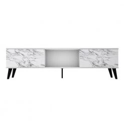 Saratoga 71 in. White and Marble Stamp Particle Board TV Stand Fits TVs Up to 75 in. with Storage Doors by Luxor