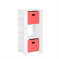 Kids White Cubby Storage Tower with Bookshelves with 2-Piece Coral Bins by RiverRidge Home