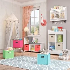 Kids White Cubby Storage Cabinet with Bookrack with 2-Piece Coral Bins by RiverRidge Home 7 Kids White Cubby Storage Cabinet with Bookrack with 2-Piece Coral Bins by RiverRidge Home -Furniture Store white coral bins riverridge home kids bookshelves 02 196k 1f 1000