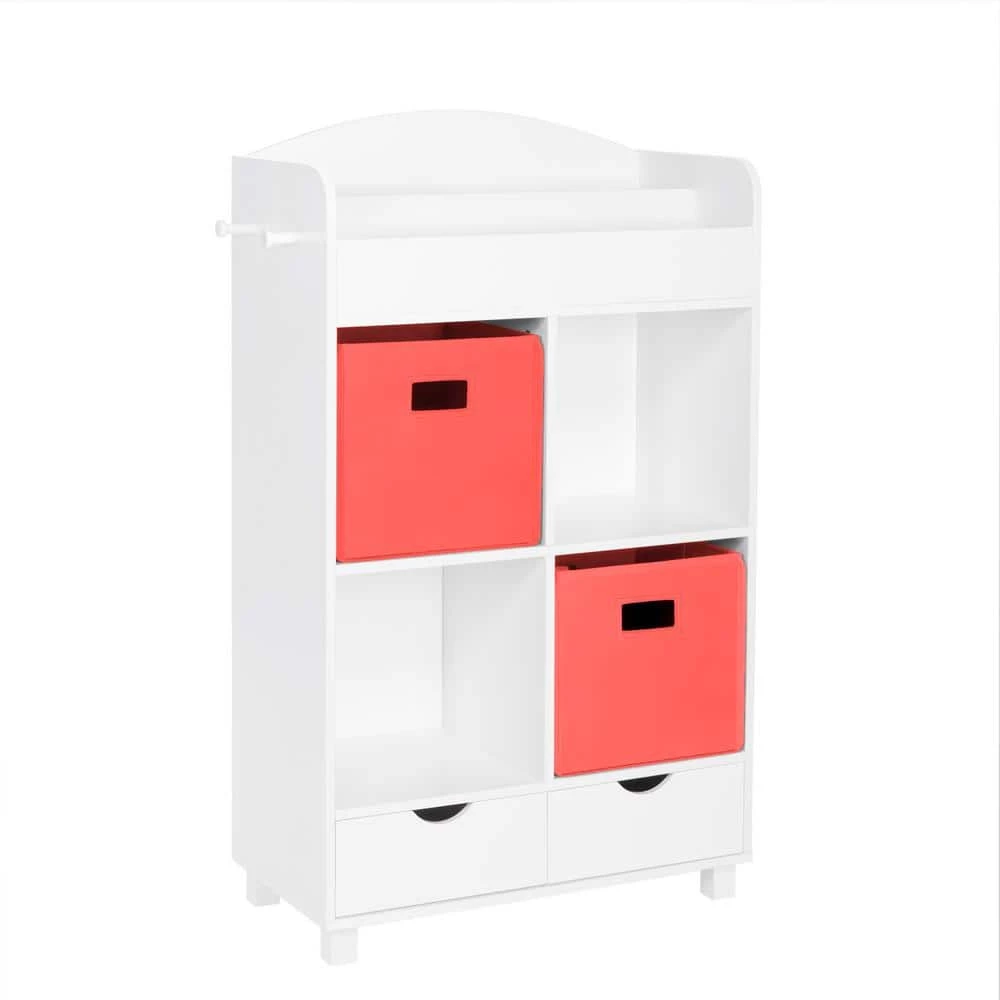 Kids White Cubby Storage Cabinet with Bookrack with 2-Piece Coral Bins by RiverRidge Home 1 Kids White Cubby Storage Cabinet with Bookrack with 2-Piece Coral Bins by RiverRidge Home