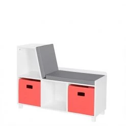 Kids White Storage Bench with Cubbies with Coral Bins (2-Piece) by RiverRidge Home