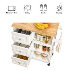 Rolling White Kitchen Island with Towel Rack, 3 Drawers and 3 Tier Shelves by Edendirect -Furniture Store white edendirect kitchen islands nbse ki204wh 4f 1000