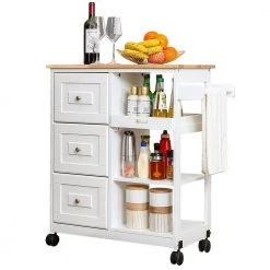 Rolling White Kitchen Island with Towel Rack, 3 Drawers and 3 Tier Shelves by Edendirect