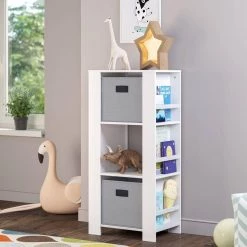 Kids White Cubby Storage Tower with Bookshelves with 2-Piece Gray Bins by RiverRidge Home -Furniture Store white gray bins riverridge home kids bookshelves 02 166k 40 1000