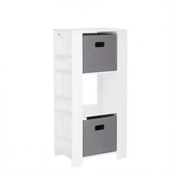 Kids White Cubby Storage Tower with Bookshelves with 2-Piece Gray Bins by RiverRidge Home