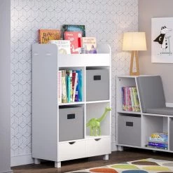 Kids White Cubby Storage Cabinet with Bookrack with 2-Piece Gray Bins by RiverRidge Home -Furniture Store white gray bins riverridge home kids bookshelves 02 169k 40 1000