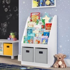 Kids Bookrack with 2-Cubbies and 2-Gray Bins by RiverRidge Home -Furniture Store white gray bins riverridge home kids bookshelves 02 309k c3 1000