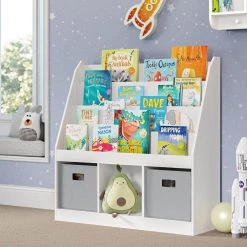 Kids Bookrack with 3-Cubbies and 2-Gray Bins by RiverRidge Home -Furniture Store white gray bins riverridge home kids bookshelves 02 318k c3 1000