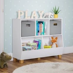 Kids Catch-All 35 in. White Multi-Cubby Toy Organizer and 2 Gray Bins by RiverRidge Home -Furniture Store white gray bins riverridge home toy boxes 02 336k 31 1000