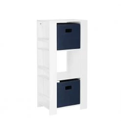 Kids White Cubby Storage Tower with Bookshelves with 2-Piece Navy Bins by RiverRidge Home