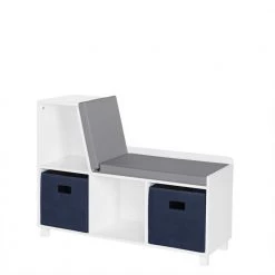 Kids White Storage Bench with Cubbies with Navy Bins (2-Piece) by RiverRidge Home