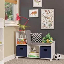 Kids White Storage Bench with Cubbies with Navy Bins (2-Piece) by RiverRidge Home -Furniture Store white navy bins riverridge home kids storage benches 02 198k c3 1000