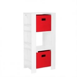 Kids White Cubby Storage Tower with Bookshelves with 2-Piece Red Bins by RiverRidge Home