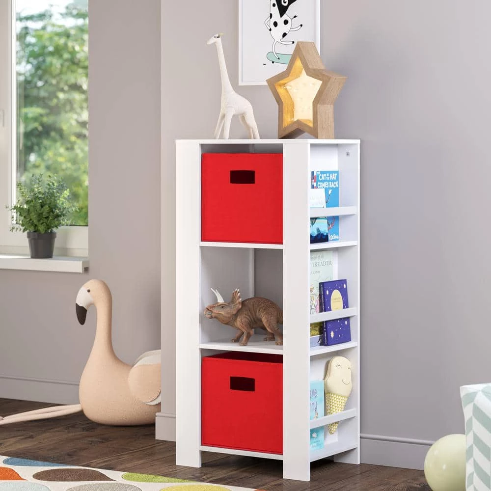 Kids White Cubby Storage Tower with Bookshelves with 2-Piece Red Bins by RiverRidge Home 2 Kids White Cubby Storage Tower with Bookshelves with 2-Piece Red Bins by RiverRidge Home - Image 2